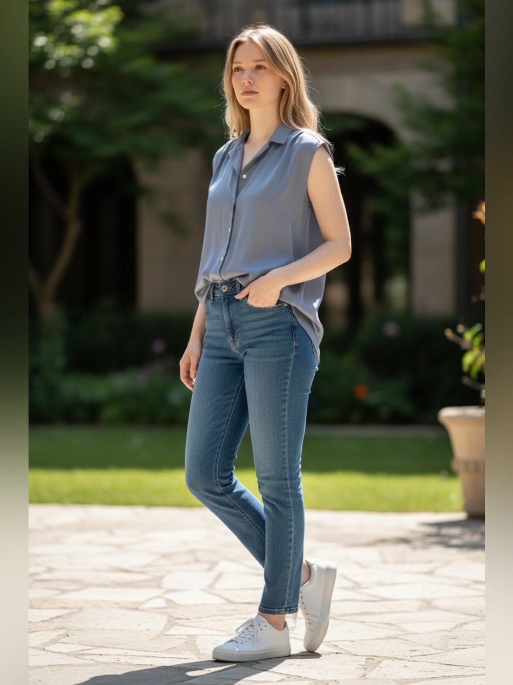 Elie Tahari mid steel blue sleeveless Shirt
Size L
Brand new with tags